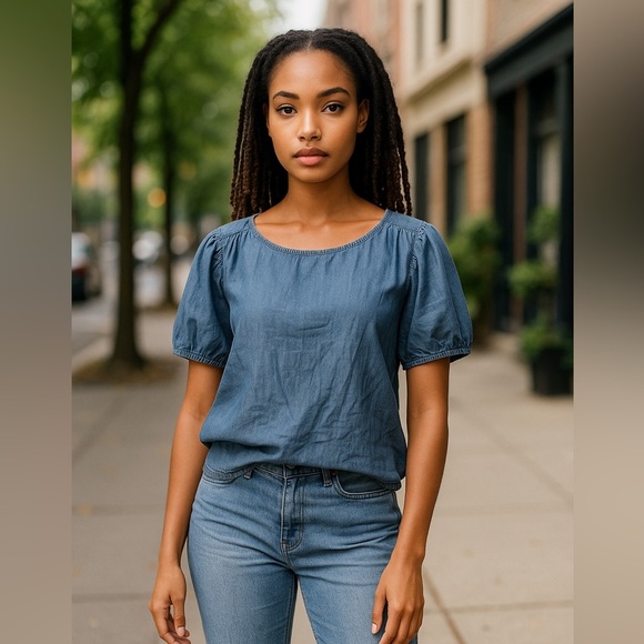 Gap denim blouse with tie at back if neck - Picture 1 of 9